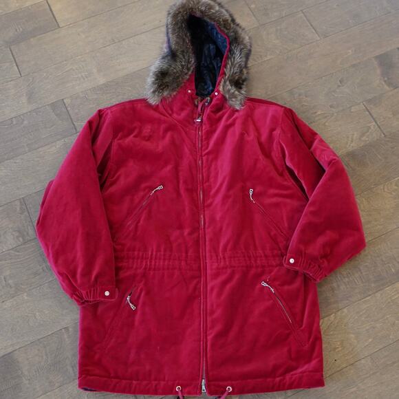 Bogner Anorak Parka Racoon Full Zip Fur Hooded Jacket‎ Red Womens Size 12 - Picture 1 of 13